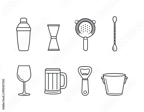 Bar tools: cocktail shaker, jigger, strainer, bar spoon, wine glass, beer mug, bottle opener, ice bucket.