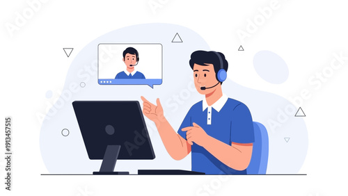 Man with headset on video call, online communication, remote work, customer support