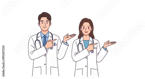 Smiling Doctors Pointing Presentation Vector Illustration. Medical Team (Man and Woman) in Lab Coats Indicating Copy Space, Health Care Guidance Concept.