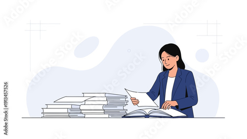 Woman working with documents and books, organized workspace, administrative tasks, office work