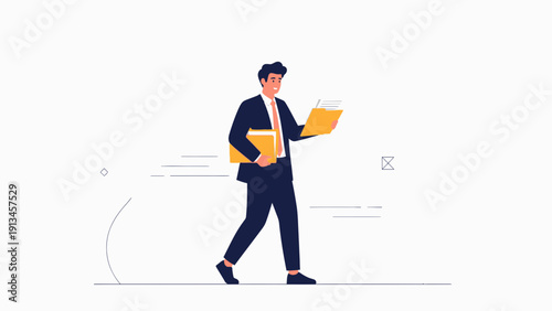 Businessman walking with folders, reading documents, modern vector illustration