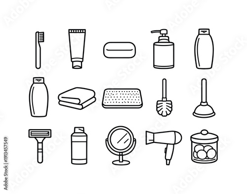 Bathroom hygiene items: toothbrush, toothpaste tube, soap bar, soap dispenser, shampoo bottle, conditioner bottle, towel, bath mat, toilet brush, plunger, razor, shaving cream can,