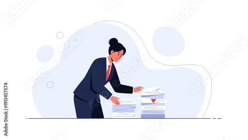 Businesswoman Organizing Paperwork Stack, Office Task Management