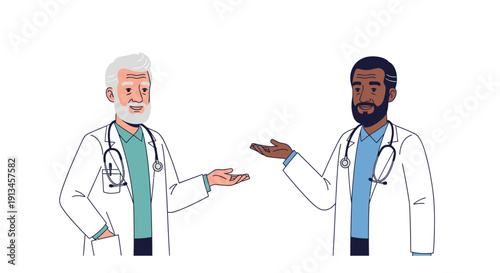 Professional Diversity: Two Male Doctors Presenting Options or Advice. Healthcare Team Comparison Vector Illustration.