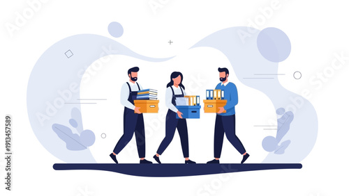 Teamwork carrying boxes with documents, new office, moving business concept