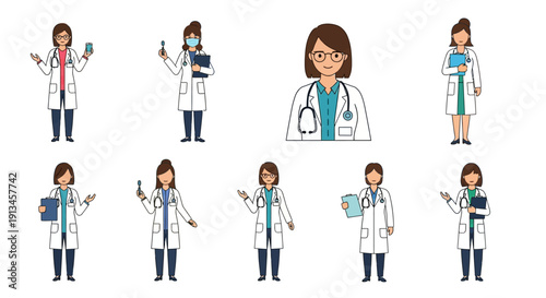 Female Doctor Character Set: Vector Collection of Medical Professional Avatars with Stethoscope, Lab Coat, Clipboard, Phone, and Face Mask Icons.