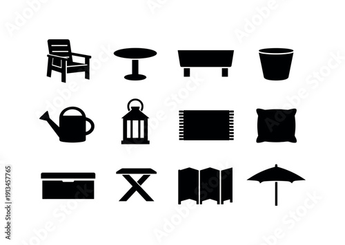 Outdoor balcony furniture: balcony chair, small table, planter box, plant pot, watering can, lantern, outdoor rug, cushion, storage box, privacy screen, folding stool, umbrella.