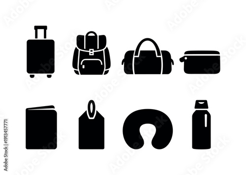 Outdoor travel gear: suitcase, travel backpack, duffel bag, toiletry bag, passport holder, luggage tag, neck pillow, water bottle.