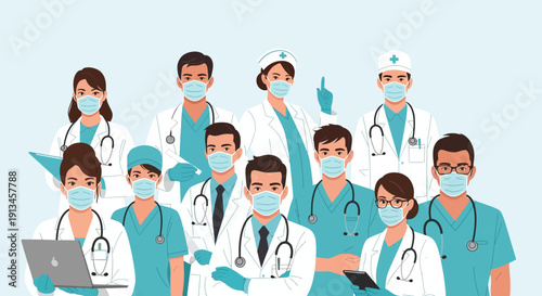 Healthcare Heroes: Diverse medical team of doctors and nurses wearing protective face masks and scrubs in a modern vector illustration.