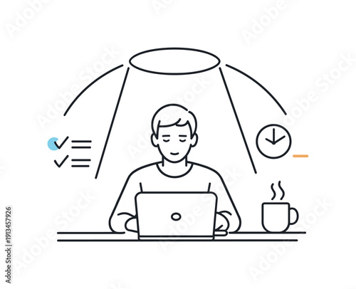 Professional focus and deep concentration during a structured work session emphasizing efficiency and mental clarity, a person seated at a desk with a laptop and a single spotlight