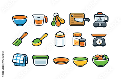 Home bao filling preparation tools: mixing bowl, measuring cup, measuring spoon, cutting board, chef knife, food processor, spatula tool, filling spoon, flour canister, spice jar,