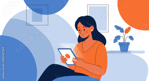 Young Woman Relaxing on Sofa Using Tablet Device.