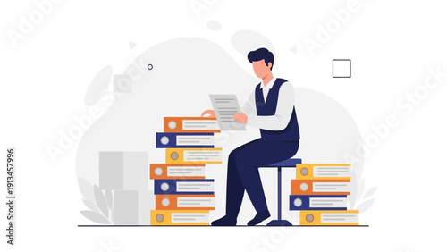 Man Sitting on Stack of Files Reading Document, Business Organization