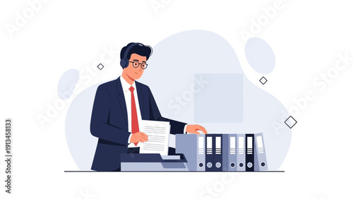 Businessman with headset organizing documents and binders, office workflow illustration