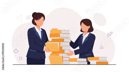 Businesswomen Organizing Paperwork and Documents