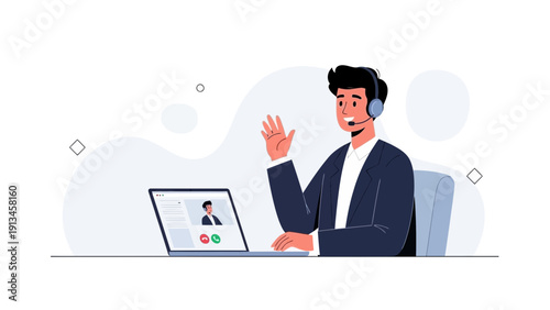 Man with headset video conferencing on laptop, waving hello