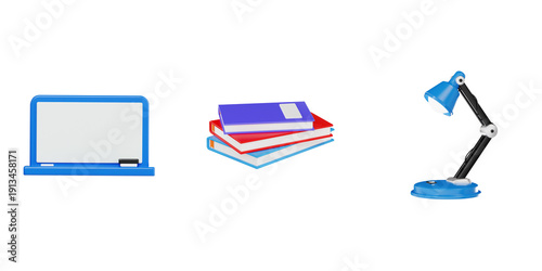 3D illustration of school supplies set with whiteboard stack of books and desk lamp on white background