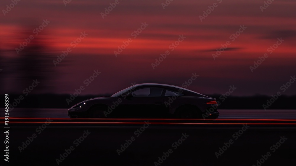 Fototapeta premium Silhouette of a vehicle on a road at sunset.