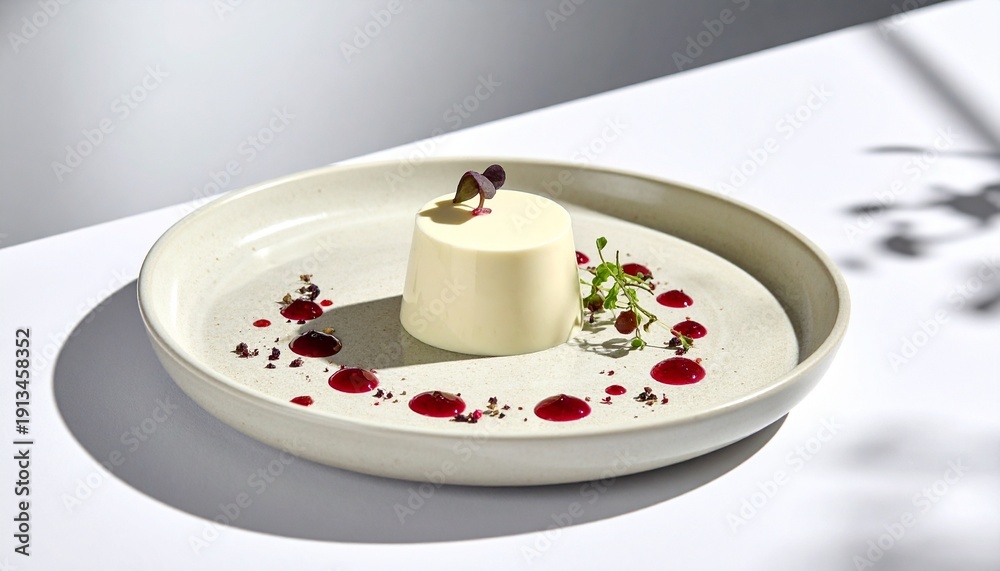Obraz premium A delightful white dessert adorned with vibrant red berry coulis dots on a minimalist plate