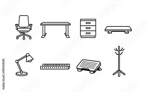 Professional office desk furniture: office chair, work desk, drawer pedestal, monitor stand, desk lamp, cable tray, footrest, coat rack.