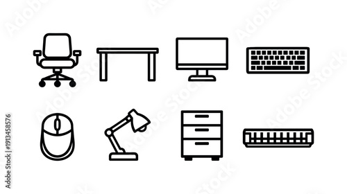 Professional office desk equipment: office chair, work desk, desktop monitor, keyboard, mouse, desk lamp, drawer pedestal, cable tray.