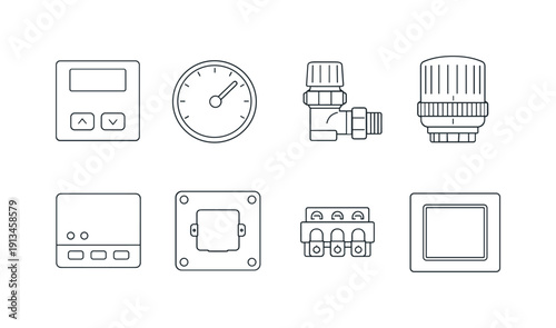 Home heating control items: wall thermostat, temperature dial, radiator valve, thermostatic head, control module, mounting plate, wire connector, cover frame.