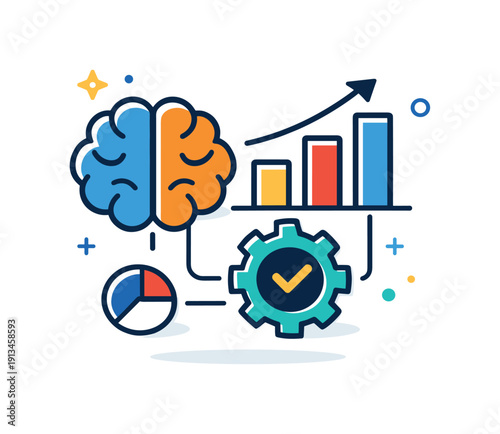 AI-powered business decision making and data-driven strategy in a corporate environment, a simplified brain icon connected to a chart and a gear representing intelligent automation