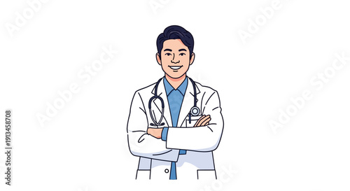 Friendly Asian Male Doctor Avatar Illustration. Confident Medical Professional Smiling in Lab Coat with Stethoscope.