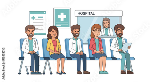 Patients and Medical Staff Waiting in Hospital Reception Area. Healthcare Clinic Appointment Waiting Room Vector Illustration.