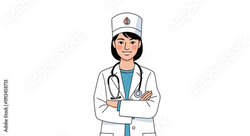 Friendly Female Doctor Portrait Illustration. Asian Physician with Stethoscope and Medical Cap, Standing Confidently in a White Coat.