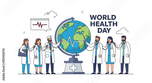 World Health Day Illustration. Global healthcare team checking Earth's pulse with stethoscopes. Medical professionals collaboration and community.