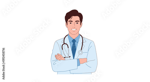 Professional Male Doctor Standing with Crossed Arms. Confident Healthcare Worker Character Illustration on White.