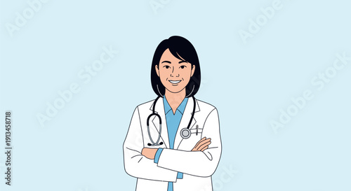 Smiling Asian Female Doctor Illustration with Arms Crossed, Wearing Lab Coat and Stethoscope