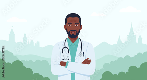 Professional Black Male Doctor with Stethoscope Standing Outdoors. Friendly African American Physician in Lab Coat. Vector Illustration of Community Healthcare Provider.