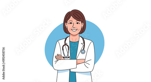 Professional Senior Female Doctor with Stethoscope. Confident Healthcare Expert Smiling. Vector Illustration.