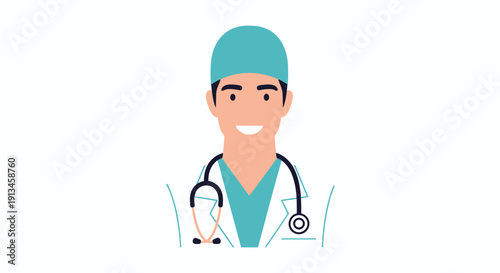 Smiling Male Doctor Avatar Icon. Professional medical worker in scrubs, lab coat, and stethoscope. Healthcare vector illustration on white background.