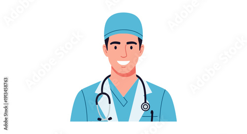 Smiling Male Doctor Character Illustration. Professional Medical Worker Avatar in Blue Scrubs and Surgical Cap with Stethoscope.