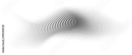 Flowing Wave Dot Halftone Pattern: Curve Gradient Shape on Transparent Background. Suitable for AI, Tech, Network, Digital, Science, and Technology Themes.