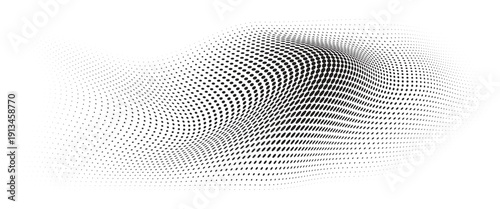 Flowing Wave Dot Halftone Pattern: Curve Gradient Shape on Transparent Background. Suitable for AI, Tech, Network, Digital, Science, and Technology Themes.