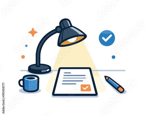 Intentional focus and distraction-free productivity in a modern professional environment centered on completing meaningful work efficiently, a desk lamp illuminating a single