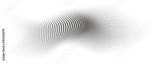 Flowing Wave Dot Halftone Pattern: Curve Gradient Shape on Transparent Background. Suitable for AI, Tech, Network, Digital, Science, and Technology Themes.