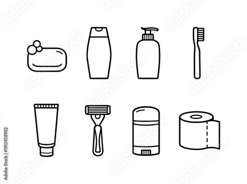 Home bathroom hygiene set: soap bar, shampoo bottle, conditioner bottle, toothbrush, toothpaste tube, shaving razor, deodorant stick, toilet paper roll.