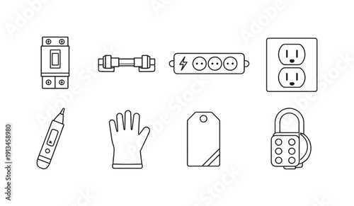 Home electrical safety items: circuit breaker, fuse holder, surge protector, outlet cover, voltage tester, insulating glove, warning tag, lockout device.