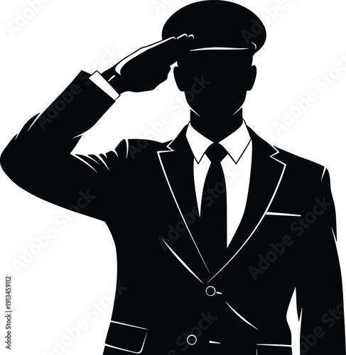 Military officer saluting silhouette vector for police captain pilot security guard formal suit uniform respect honor isolated on white background
