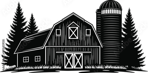 Vintage farm barn with silo and pine trees silhouette vector for agriculture rural landscape countryside ranch farming isolated on white background