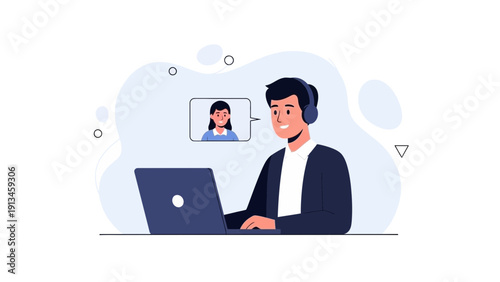 Man in Headphones Video Calling on Laptop with Colleague