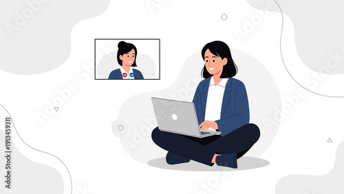Woman working on laptop during online video conference with colleague