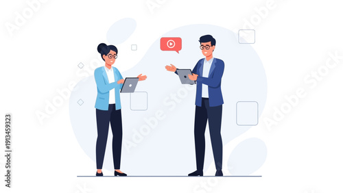 Business meeting: two colleagues discussing project on laptops with video icon