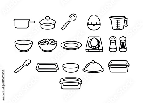 Home egg boiling tools: saucepan, lid cover, slotted spoon, timer, measuring cup, mixing bowl, ice bowl, serving plate, egg slicer, salt shaker, pepper grinder, spoon, tray, food
