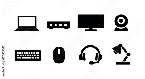 Office hybrid work setup: laptop, docking station, external monitor, keyboard, mouse, webcam, headset, desk lamp.